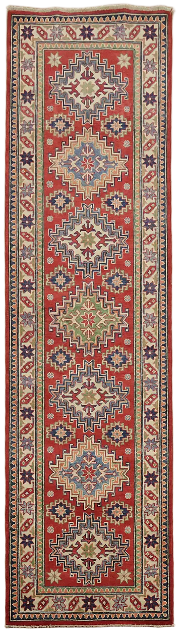 Elegant Red Kazak Runner Rug Featuring Timeless Geometric Motifs 3'x10'