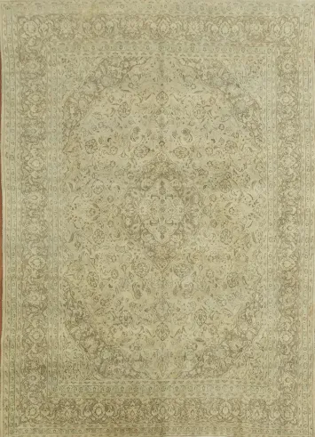 Vintage Distressed Beige Mashad Persian Area Rug 10x13