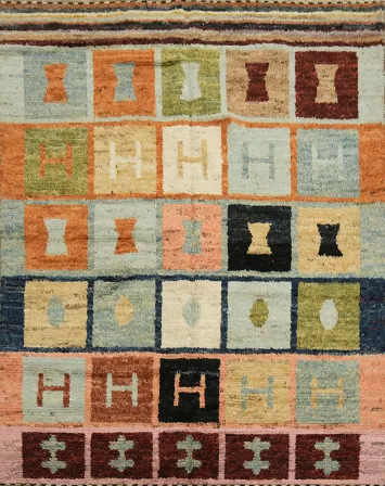 Vivid multicolored Gabbeh Rug featuring modern geometric shapes 5'x7'