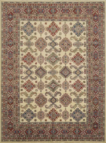 Elegant Traditional Pattern Kazak Ivory and Red Rug for Living Room Decor 9x12