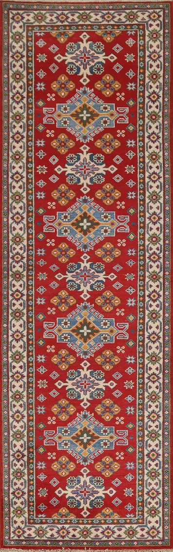 Geometric Red Kazak Handmade Runner Rug 3x10