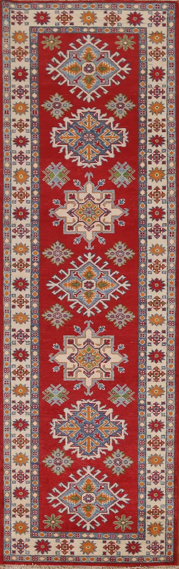 Geometric Red Kazak Runner Rug 3x10