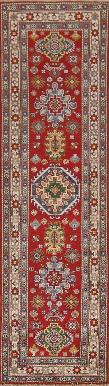 Red Geometric Kazak Handmade Runner Rug 3x10