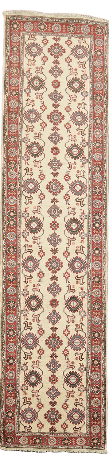 Luxurious Red and Ivory Hand-Knotted Kazak Runner 3'x12'