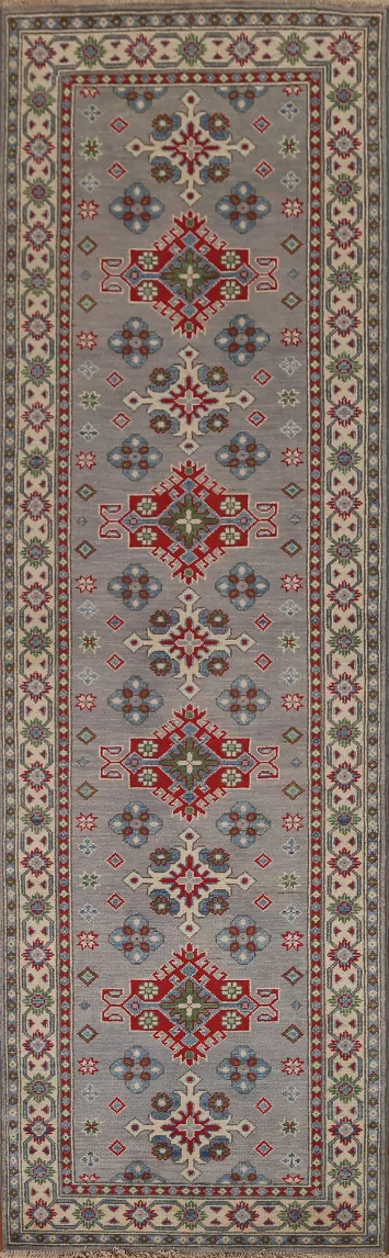 Gray Geometric Kazak Wool Runner Rug 3x10