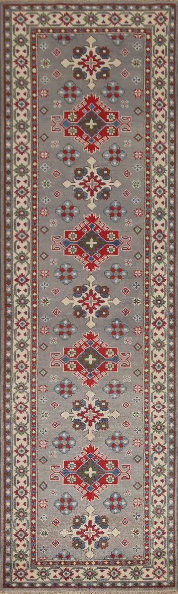 Geometric Gray Kazak Runner Rug 3x10