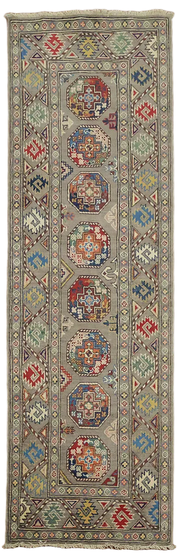 Geometric Tribal Grey Kazak Pakistani Runner Rug 3'x8'