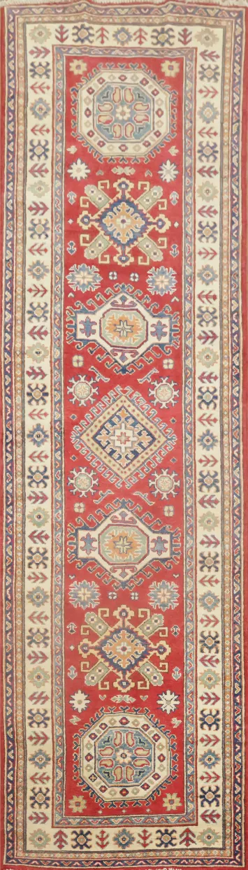 Red Wool Kazak Geometric Runner Rug 3x9