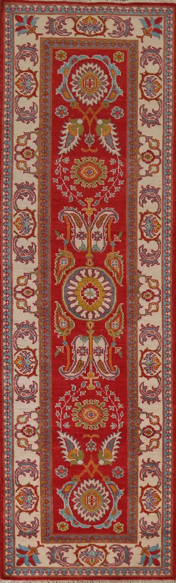 Geometric Kazak Red Wool Runner Rug 3x10