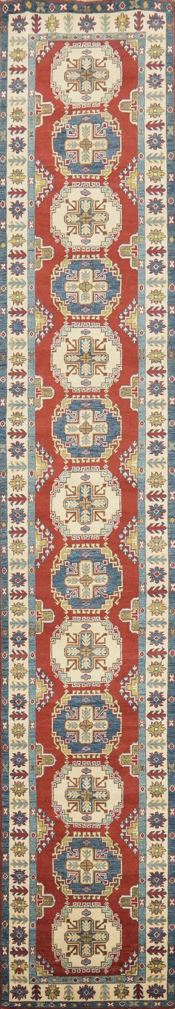 Geometric Kazak Handmade Runner Rug 3x16