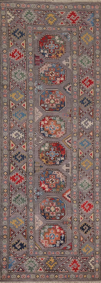 Handmade Kazak Geometric Runner Rug 3x8