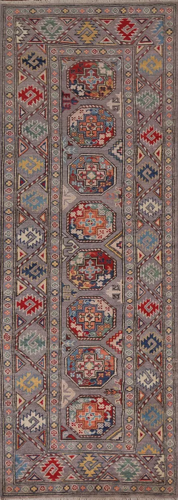 Geometric Kazak Oriental Runner Rug 3x8