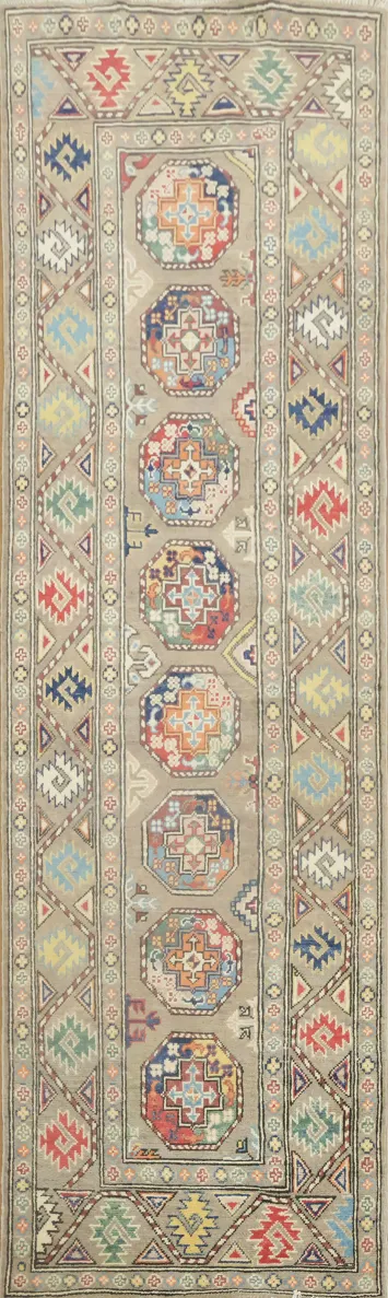 Brown Wool Kazak Oriental Runner Rug 3x9