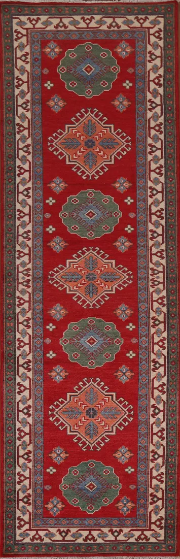 Geometric Kazak Red Runner Rug 3x10
