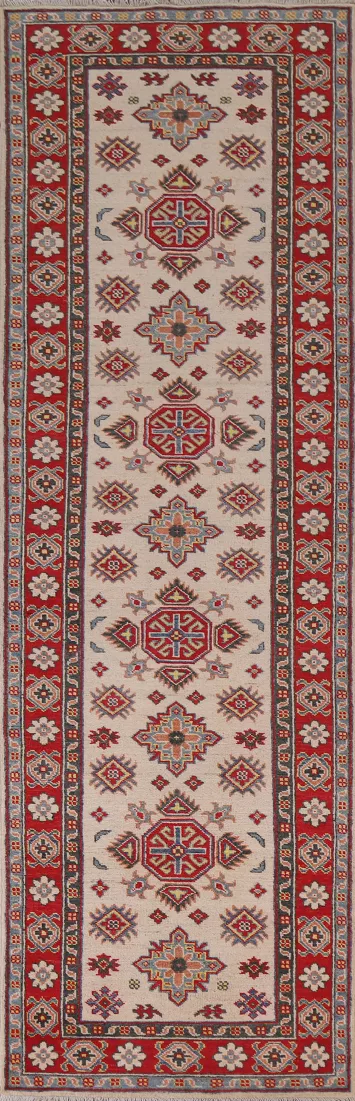 Geometric Kazak Ivory Runner Rug 3x10