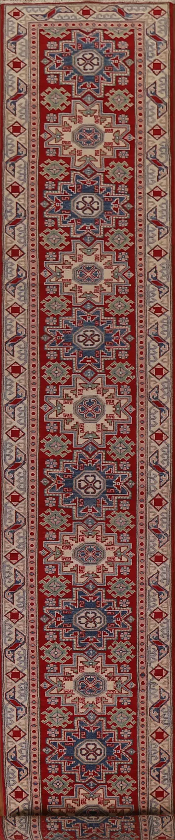Geometric Red Kazak Oriental Runner Rug 3x19