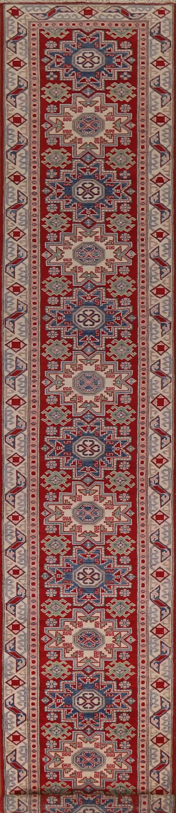 Handmade Kazak Geometric Runner Rug 3x19
