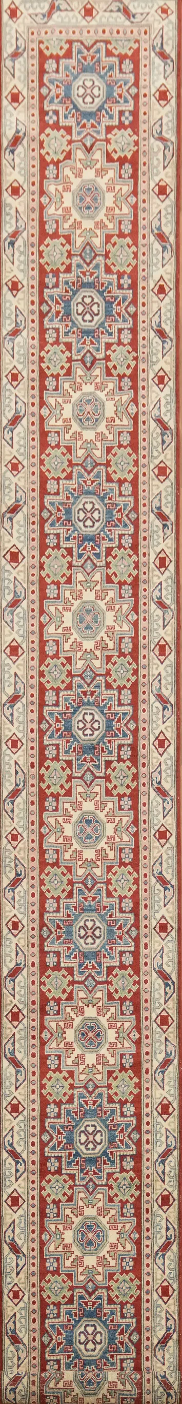 Handmade Kazak Geometric Runner Rug 3x19