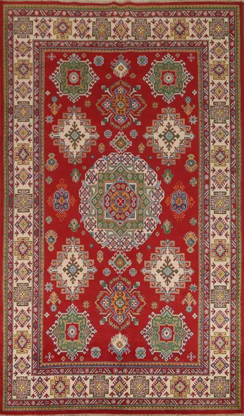 Red Geometric Kazak Hand-Knotted Area Rug 7x10