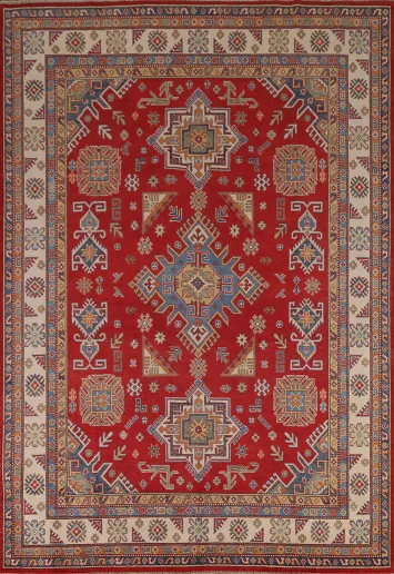 Vibrant Red and Blue Kazak Pakistani Traditional Rug with Detailed Border Design 8x10