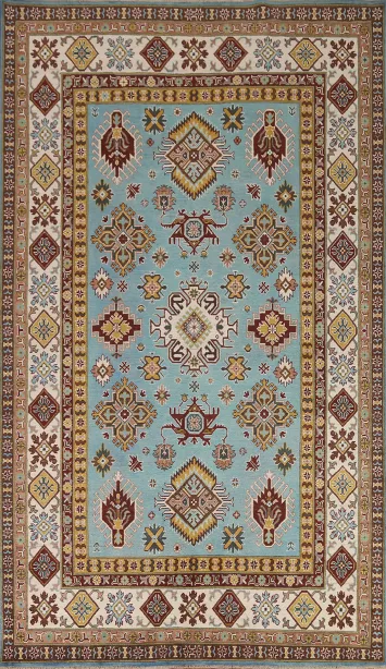 Turquoise Blue Kazak Geometric Area Rug 7x10