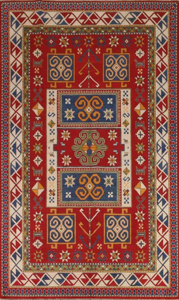 Geometric Red Kazak Handmade Area Rug 7x10