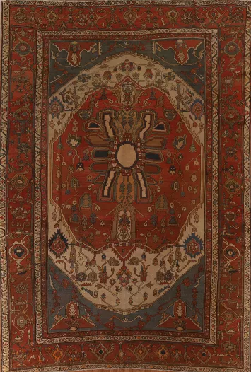 Pre-1900 Antique Heriz Serapi Vegetable Dye Persian Rug 9x12