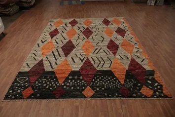 Orange and Burgundy Diamonds Moroccan Large Area Rug 10x14
