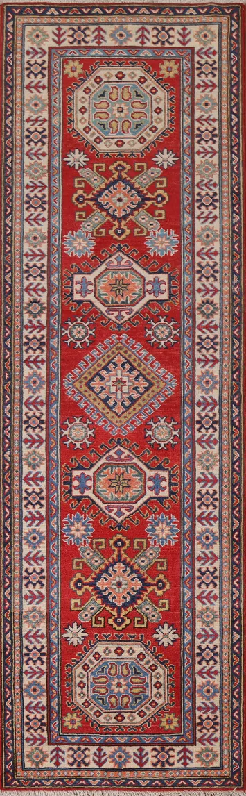 Geometric Kazak Wool Runner Rug 3x10