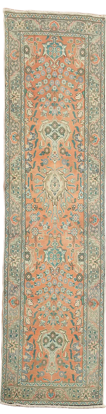 Vintage Traditional Floral Terracotta Tabriz Persian Runner 3'x10