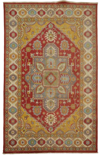 Vibrant Tribal Medallion Rug with Rich Red and Gold Motif 7x10