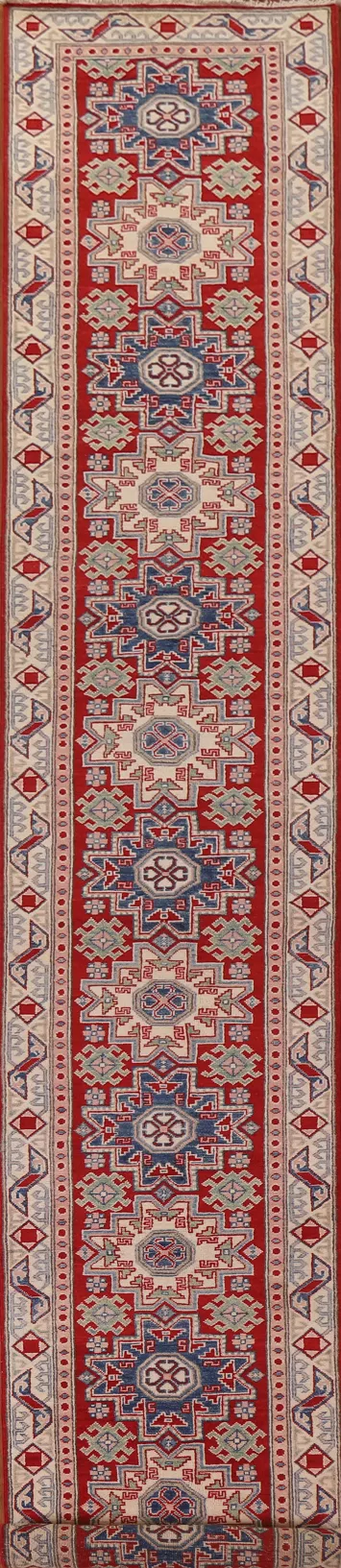 Geometric Red Kazak Oriental Runner Rug 3x19