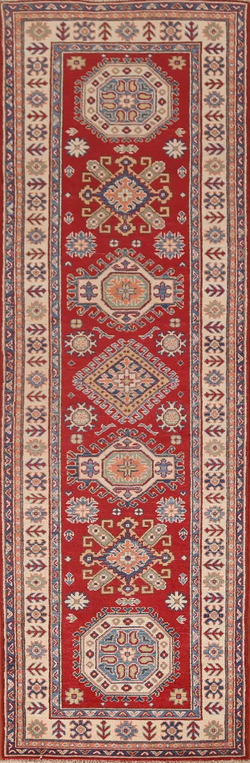 Red Geometric Kazak Runner Rug 3x10