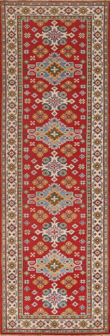 Geometric Red Kazak Oriental Runner Rug 3x10