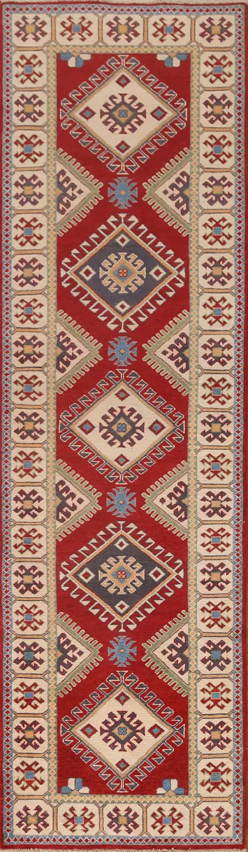 Red Wool Kazak Oriental Runner Rug 3x10