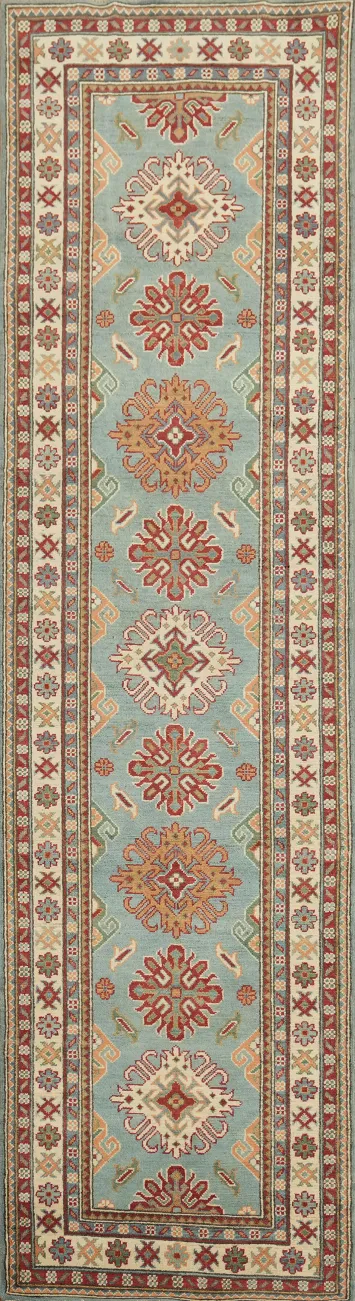 Traditional Kazak Blue Runner with Intricate Geometric Patterns 3x10 ft