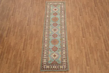 Traditional Kazak Blue Runner with Intricate Geometric Patterns 3x10 ft