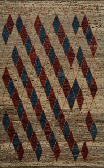 Artistic Moroccan Large Rug 10x14 with Red and Blue Diamond Motifs