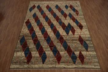 Artistic Moroccan Large Rug 10x14 with Red and Blue Diamond Motifs