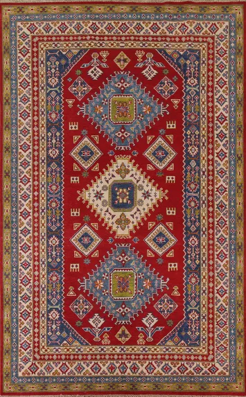 Red Geometric Kazak Oriental Area Rug 7x10