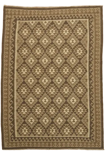 Rustic Brown Flat-Weave Kilim Rug with Geometric Diamond Design 7'x10'
