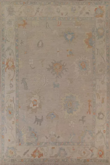 Elegant Taupe Beige Floral Motif Oushak Turkish Rug: Luxurious Handcrafted Piece 9x12