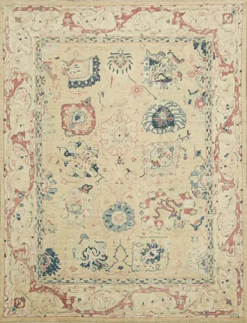 Beige Oushak Vegetable Dye Rug 9x12 with Intricate Blue and Red Motifs