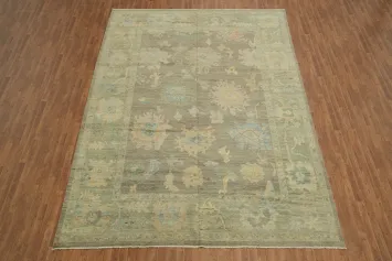 Vegetable Dye Oushak Turkish Floral Rug with Soft Green Hue 10x14