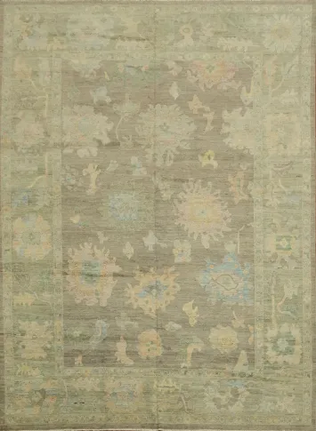 Vegetable Dye Oushak Turkish Floral Rug with Soft Green Hue 10x14