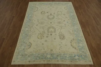 Oushak Turkish Beige and Blue Rug with Ornate Floral Motifs 6x9