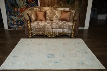 Muted Beige and Pastel Blue Turkish Rug Featuring Delicate, Artistic Patterns 5x7