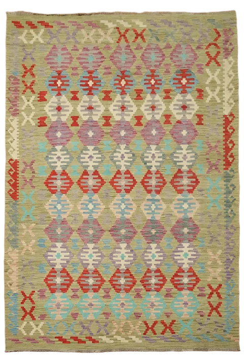 All-Over Green Kilim Wool Area Rug 7x10