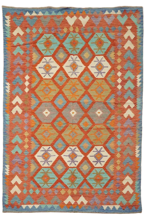 Orange Kilim Geometric Area Rug 7x10