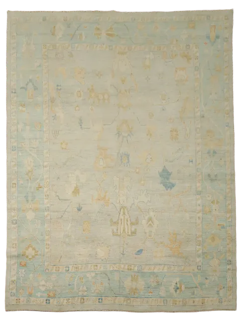 Floral Oushak  Turkish Muted Green Vegetable Dye Area Rug 9x12